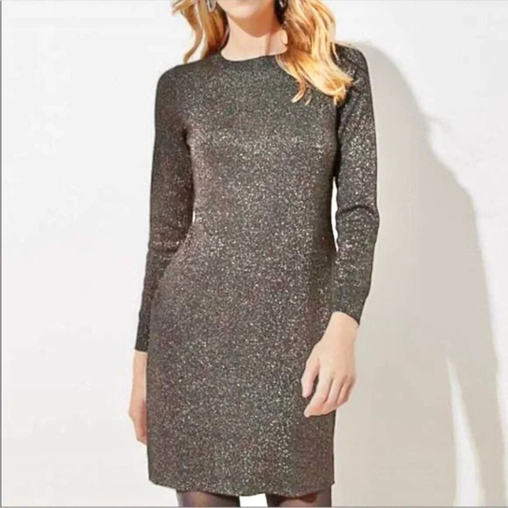 Banana Republic Charcoal Grey Tinsel Sparkle Sweater Wool Dress Size L NWOT